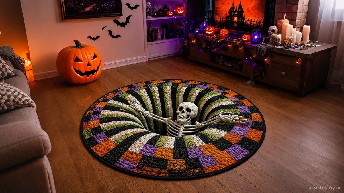 Round Halloween rug with a skeleton 3D optical illusion, set in a decorated living room
