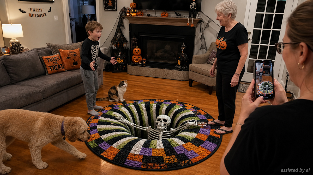 Grandson, dog and cat reacting to the rug in the living room while grandma and mom film on a phone