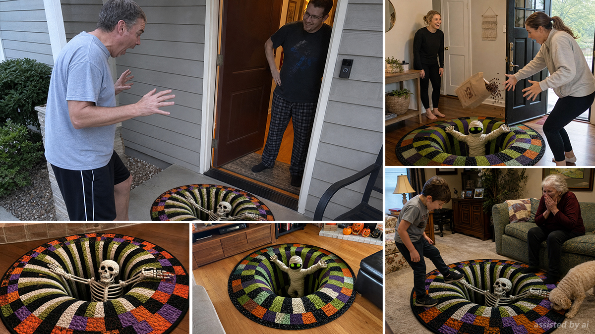Collage of different people and a dog reacting to the rug's 3D illusion in various homes