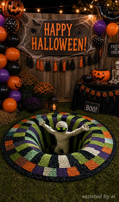 Mummy Vortex style rug outdoors at a Halloween party